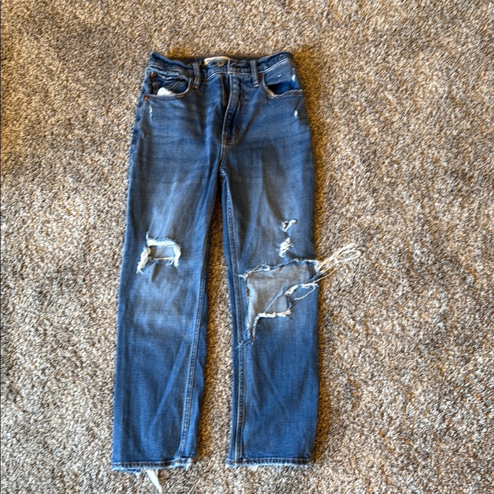 Abercrombie & Fitch Blue Straight Leg Jeans with Distressed Details
